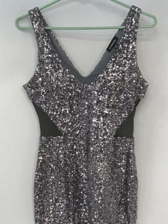 bebe Dresses & Skirts - BEBE Silver Rhodium Sequin Mesh Cutout Mini Dress - S